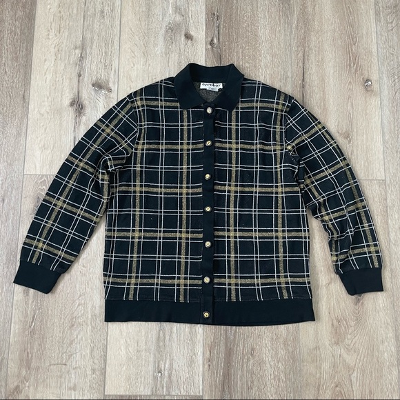 VINTAGE Eccobay Padded Shoulder Plaid Button Up Sweater Size Medium - Picture 1 of 12